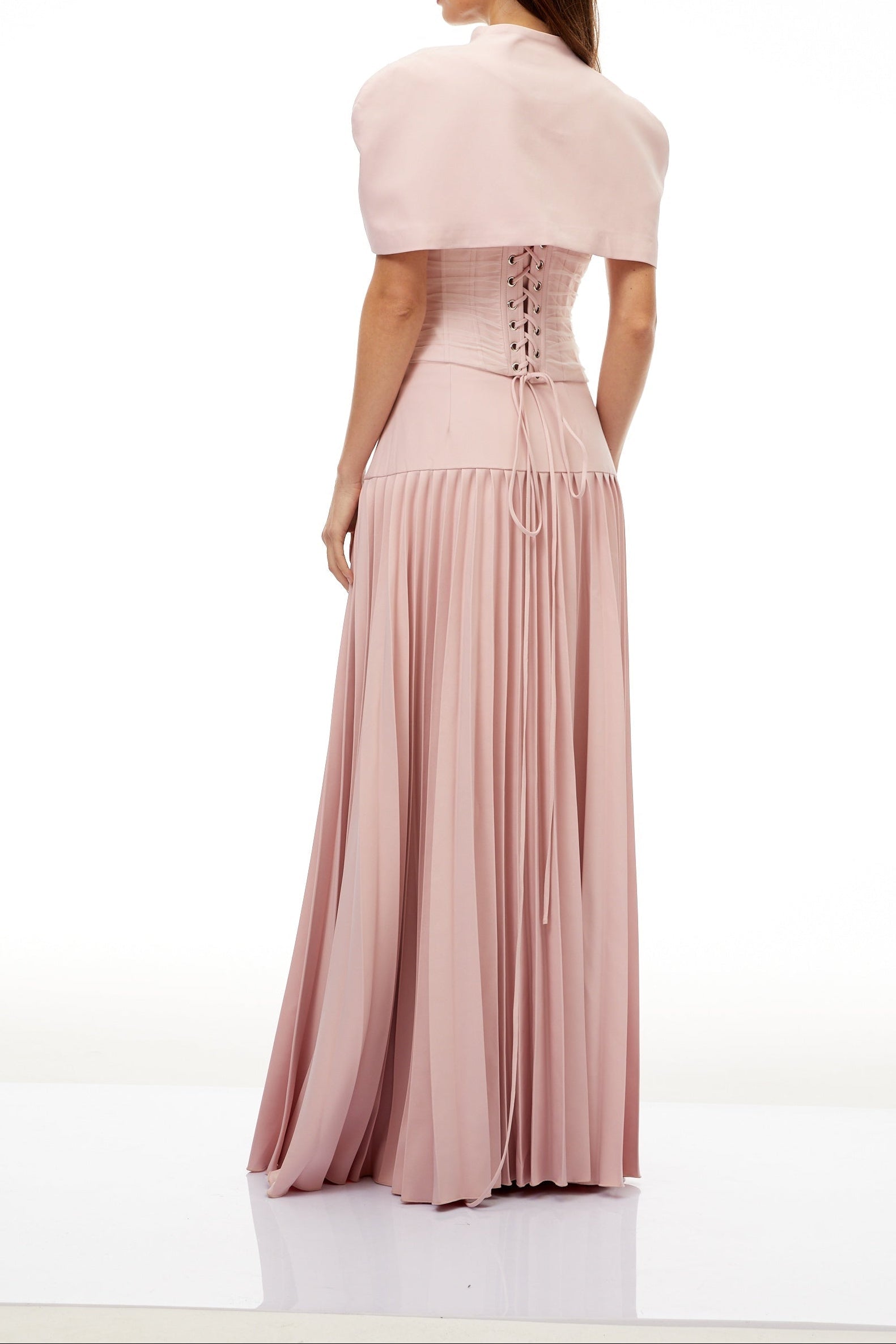 Cape Bow Pearl Corset Pleated Maxi Dress poava