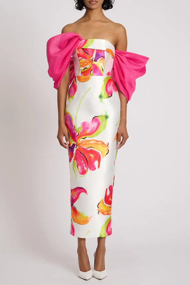 Sylvia Floral Print Strapless Maxi Dress in White Avalabel