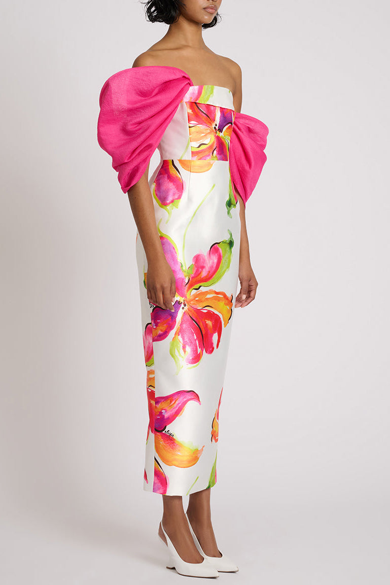 Sylvia Floral Print Strapless Maxi Dress in White