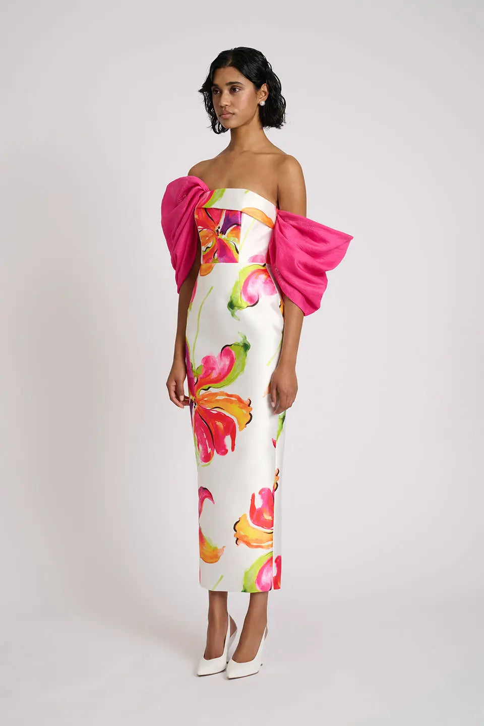 Sylvia Floral Print Strapless Maxi Dress in White Avalabel