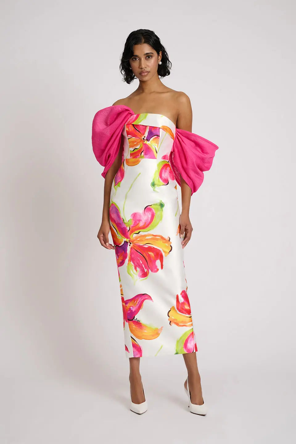 Sylvia Floral Print Strapless Maxi Dress in White Avalabel