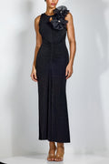 nicola Flower bow pleated bodycon maxi dress in black Avalabel