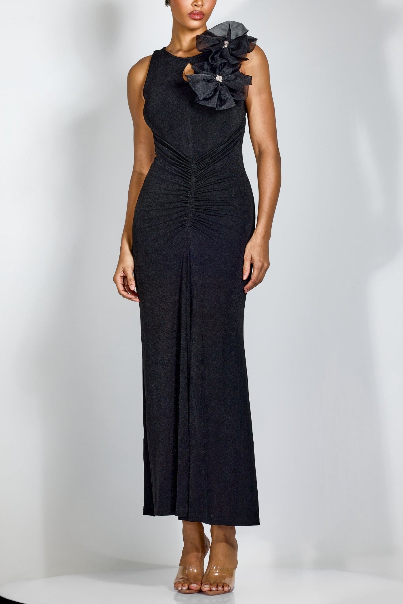 nicola Flower bow pleated bodycon maxi dress in black Avalabel