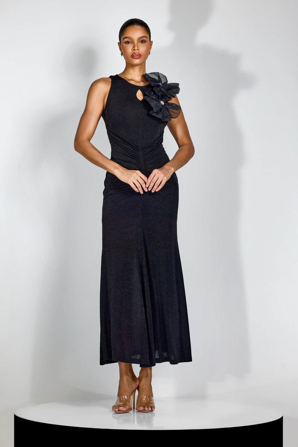 nicola Flower bow pleated bodycon maxi dress in black Avalabel