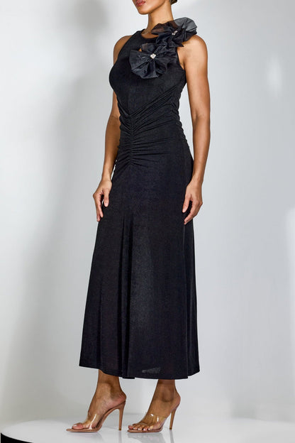 nicola Flower bow pleated bodycon maxi dress in black