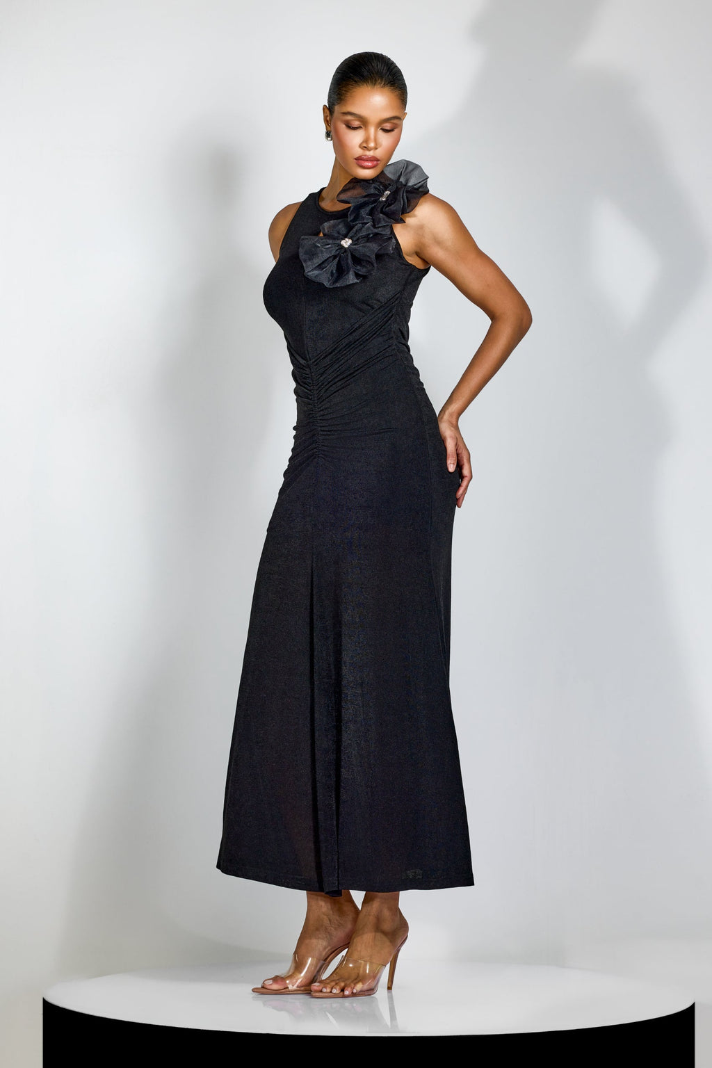 nicola Flower bow pleated bodycon maxi dress in black Avalabel