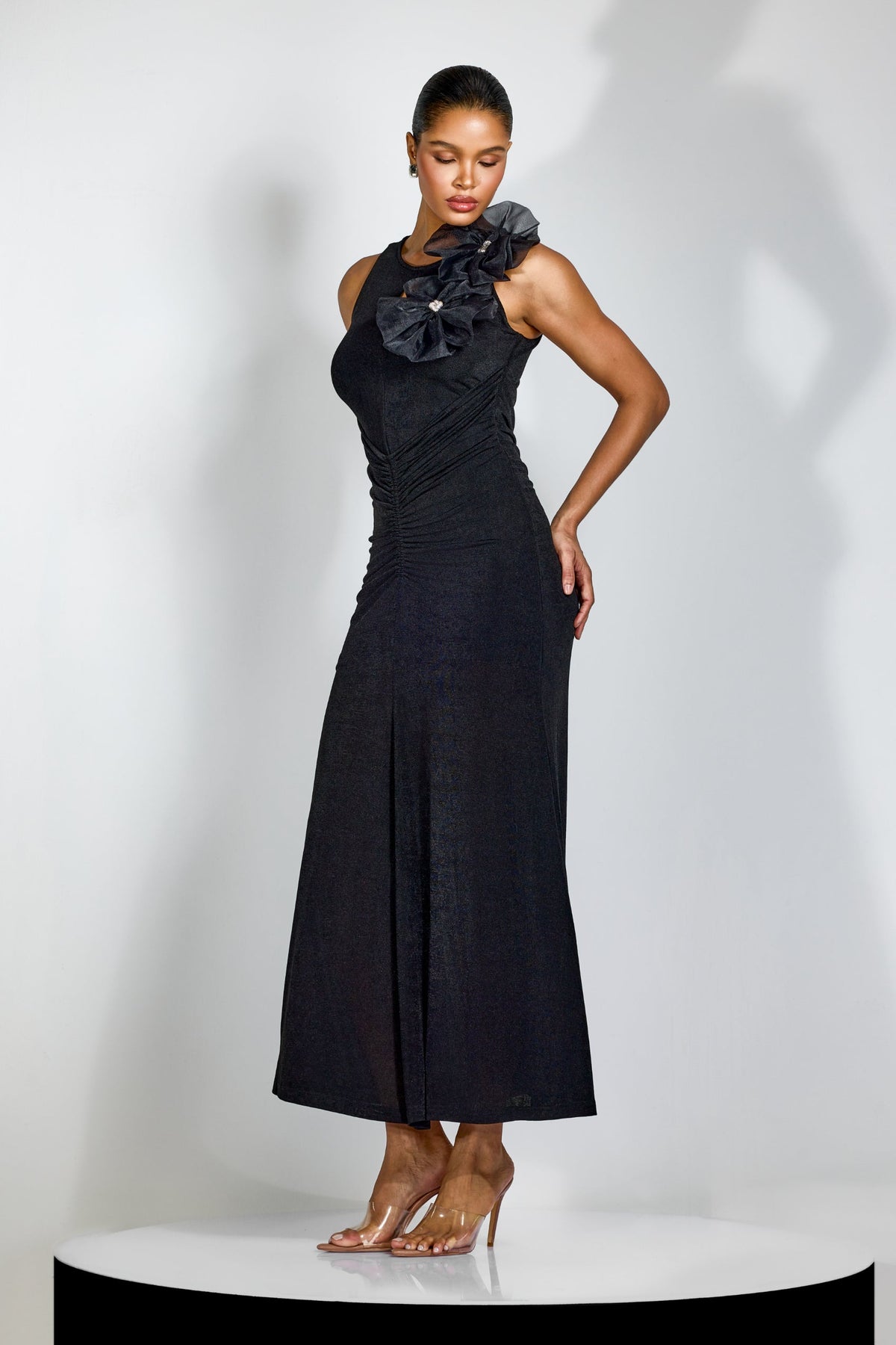 nicola Flower bow pleated bodycon maxi dress in black Avalabel