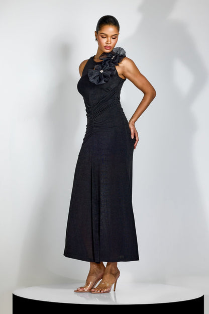 nicola Flower bow pleated bodycon maxi dress in black