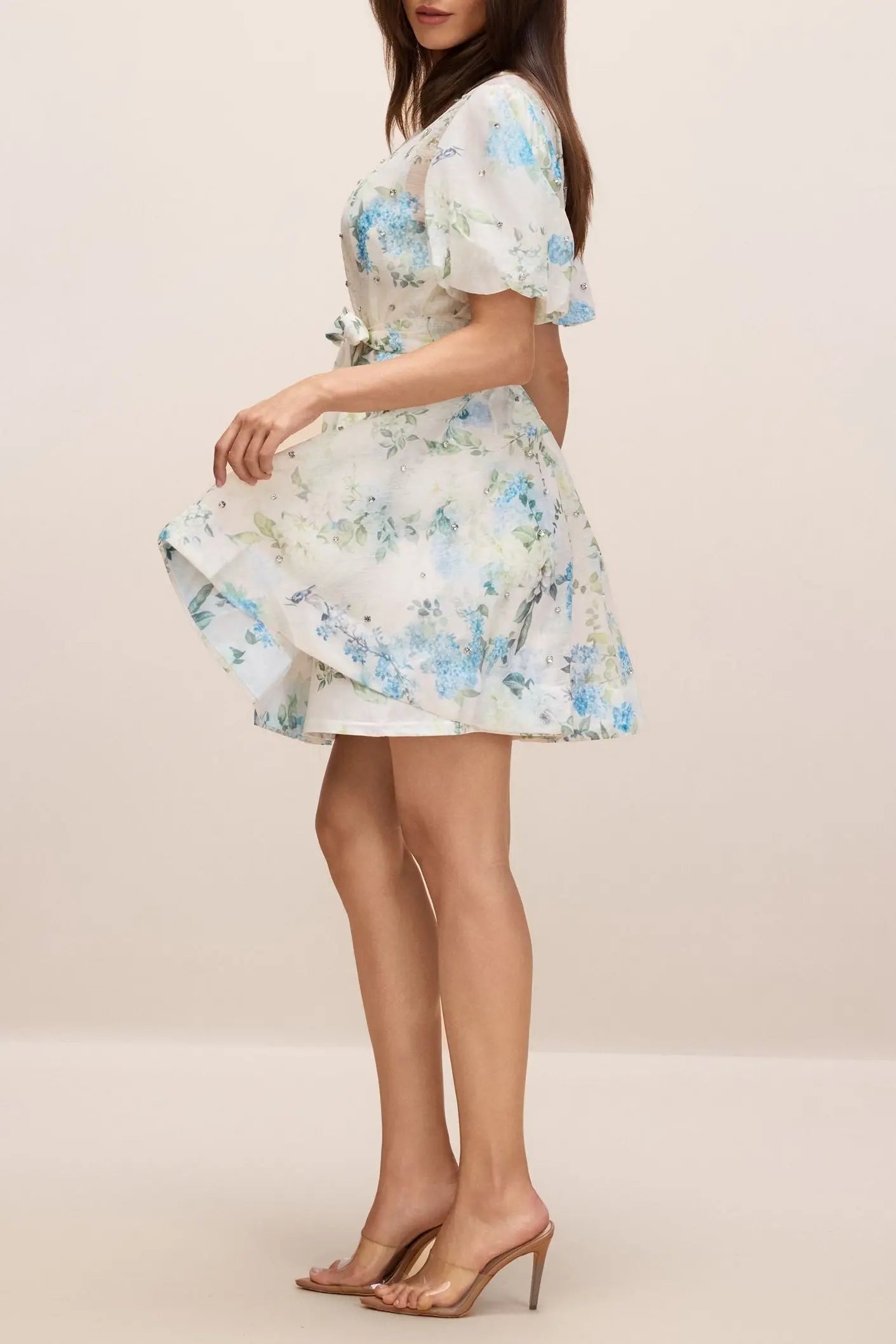 kimberley Floral Print Puff Sleeve white Mini Dress Avalabel