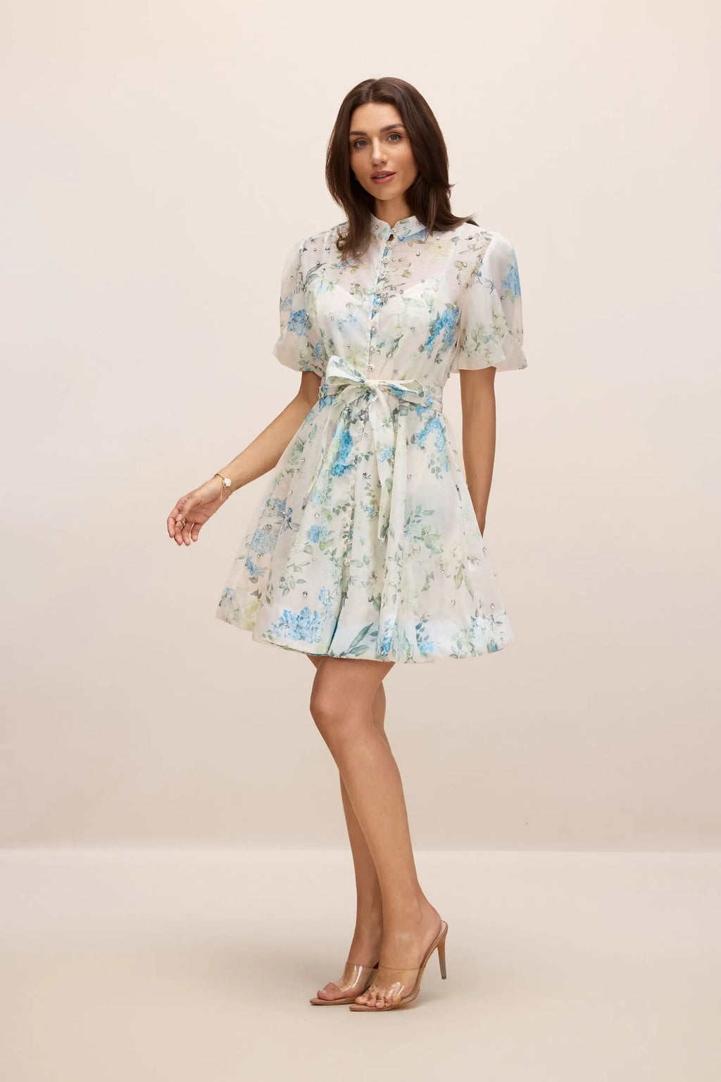kimberley Floral Print Puff Sleeve white Mini Dress Avalabel