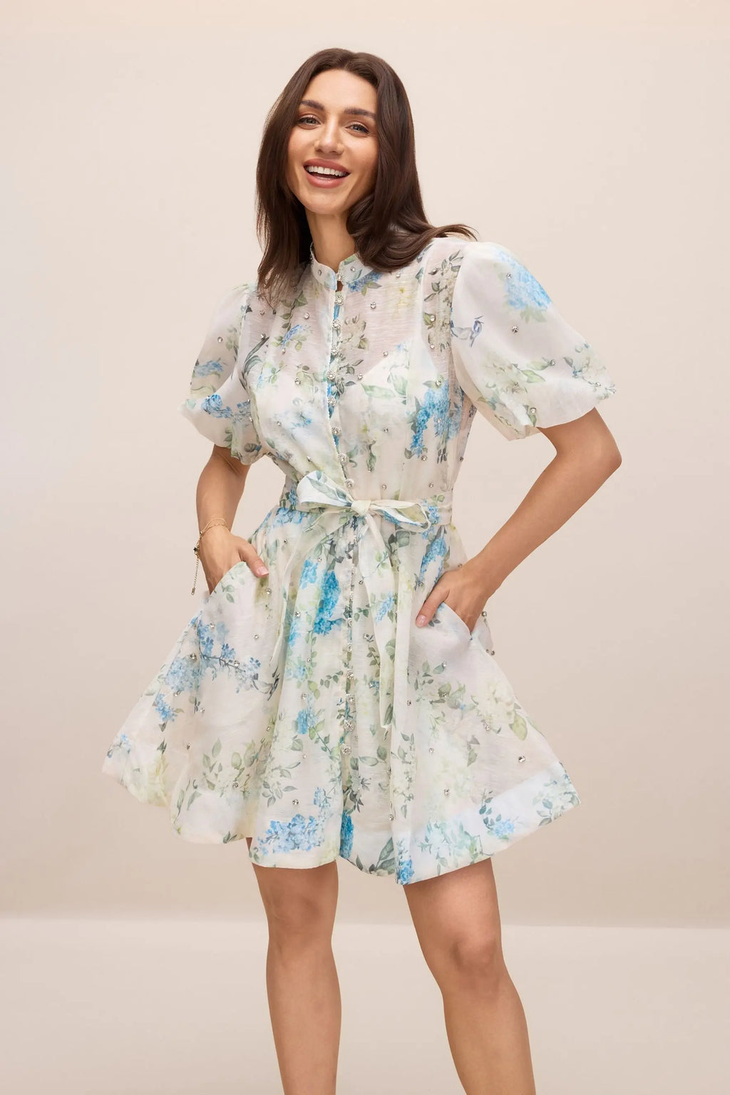 kimberley Floral Print Puff Sleeve white Mini Dress Avalabel
