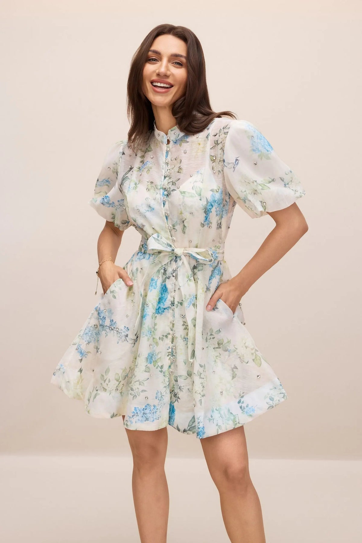 kimberley Floral Print Puff Sleeve white Mini Dress Avalabel