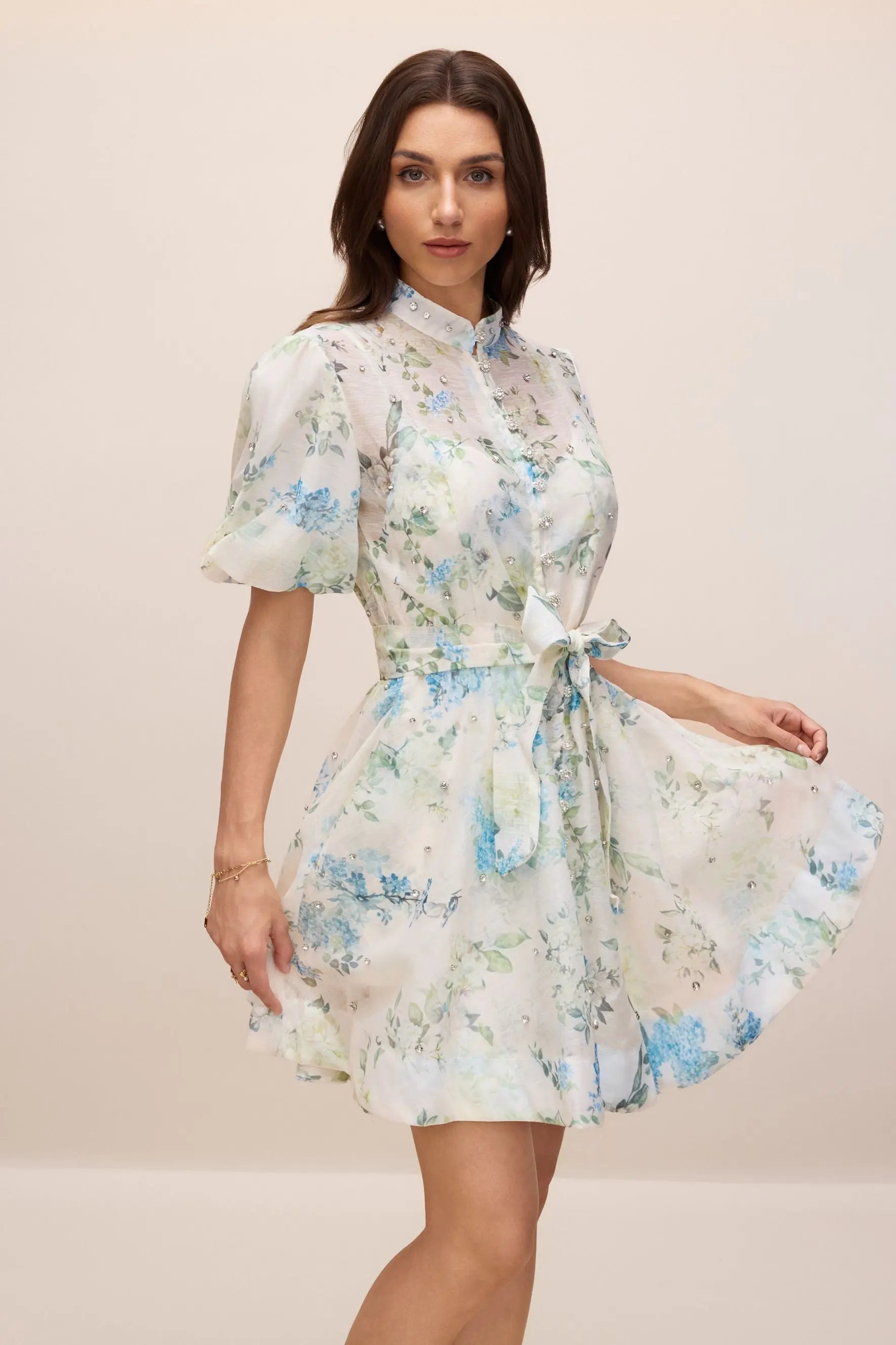 kimberley Floral Print Puff Sleeve white Mini Dress Avalabel