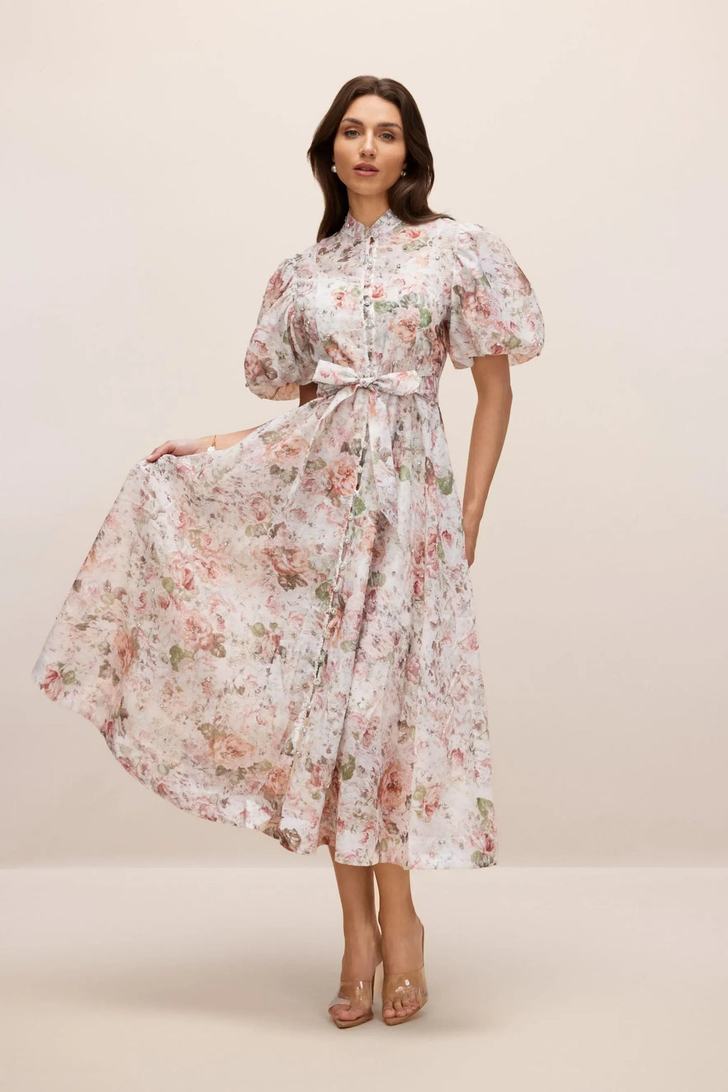 philipppa multicolor Floral Print Puff Sleeve Midi Dress Avalabel