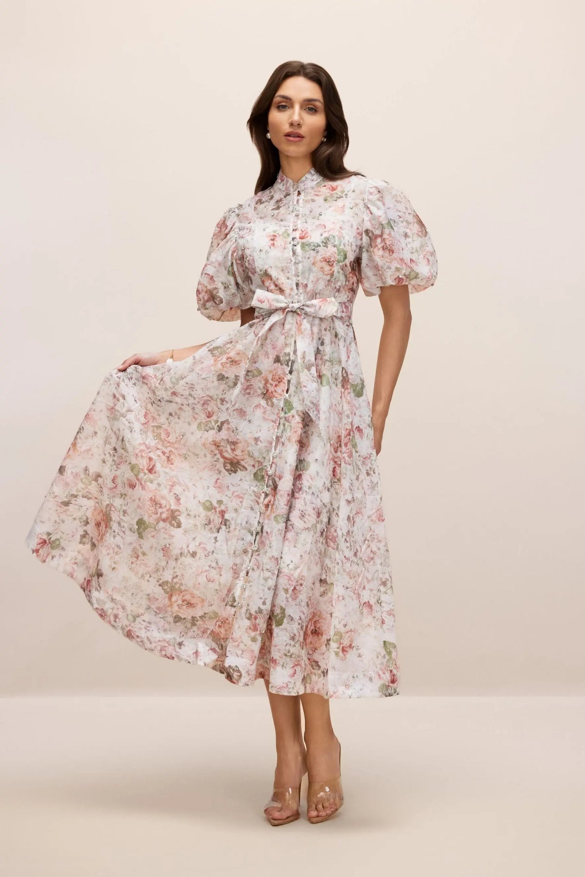 philipppa multicolor Floral Print Puff Sleeve Midi Dress Avalabel