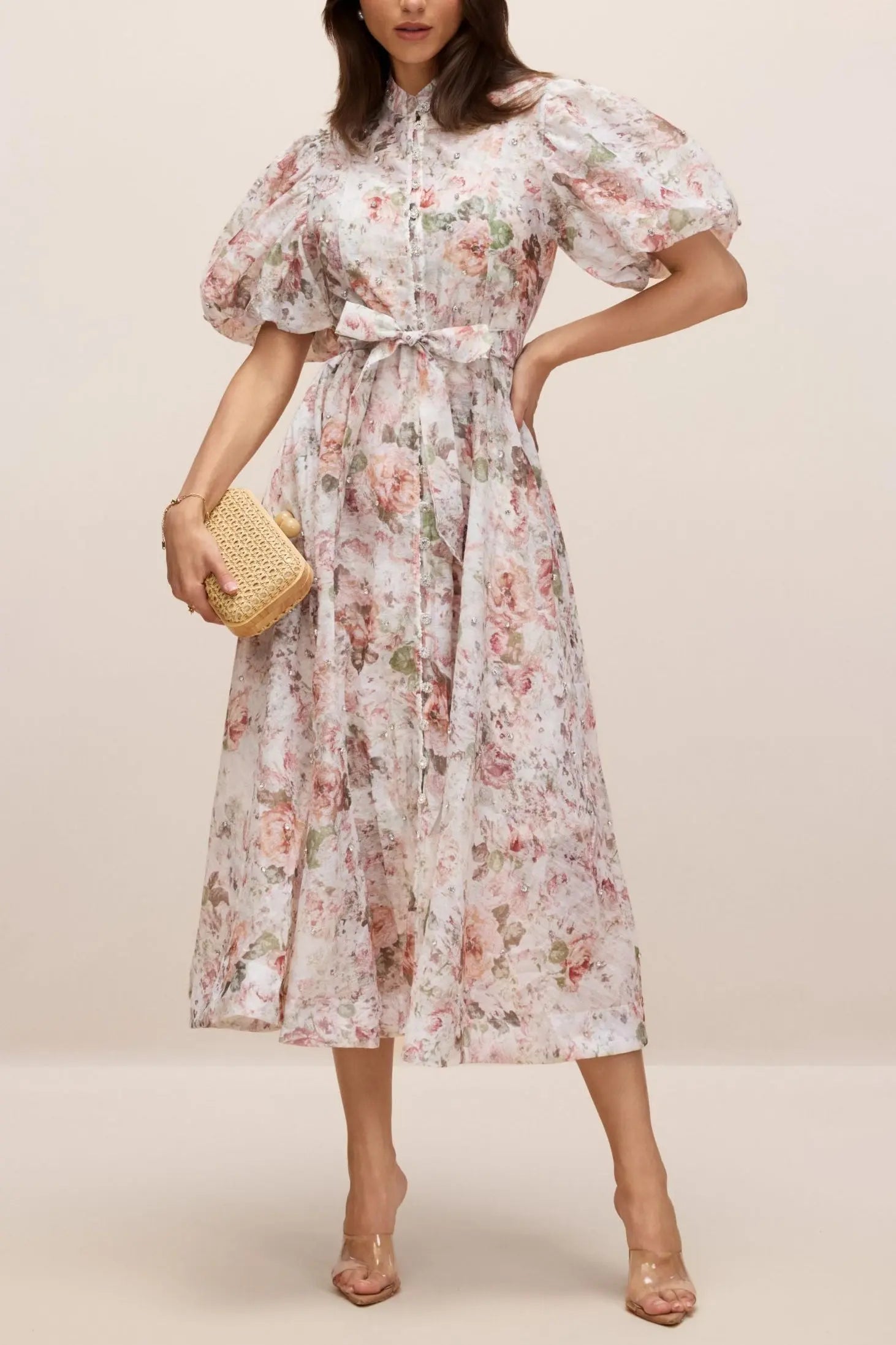 philipppa multicolor Floral Print Puff Sleeve Midi Dress Avalabel