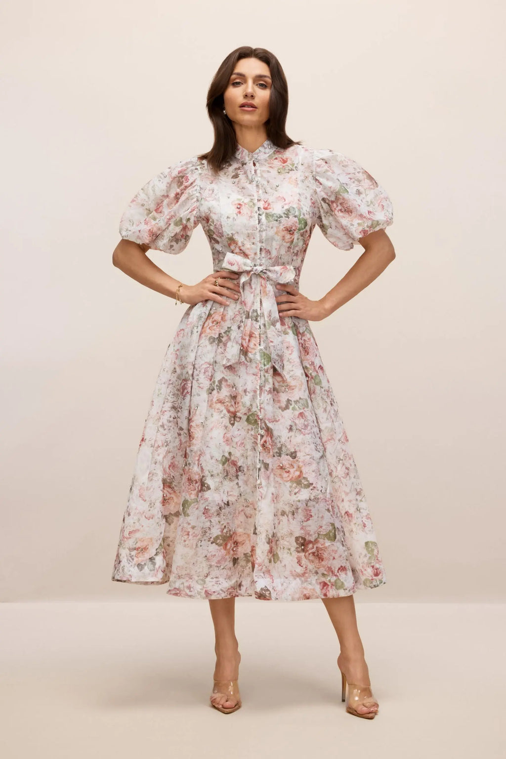 philipppa multicolor Floral Print Puff Sleeve Midi Dress Avalabel