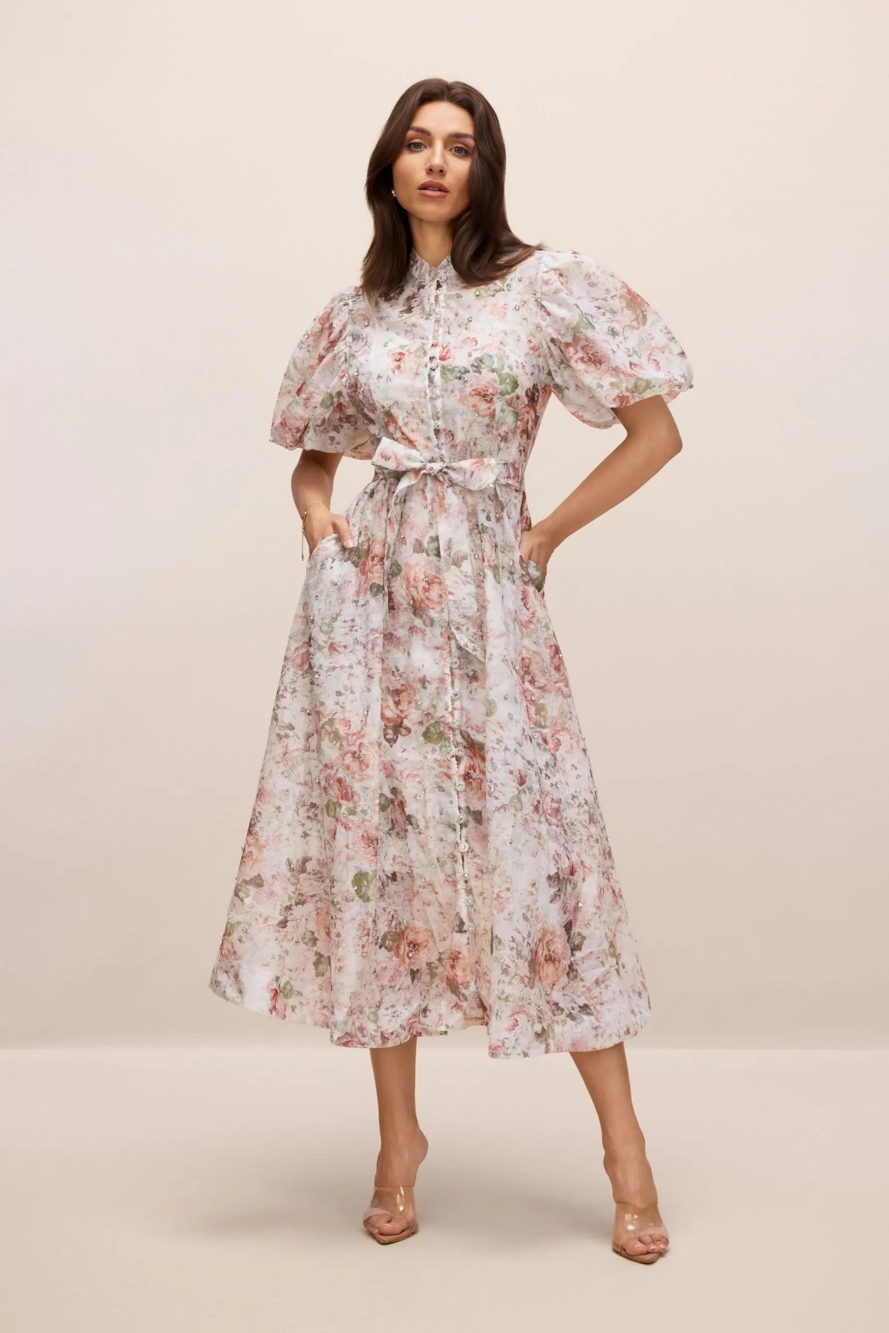 philipppa multicolor Floral Print Puff Sleeve Midi Dress Avalabel