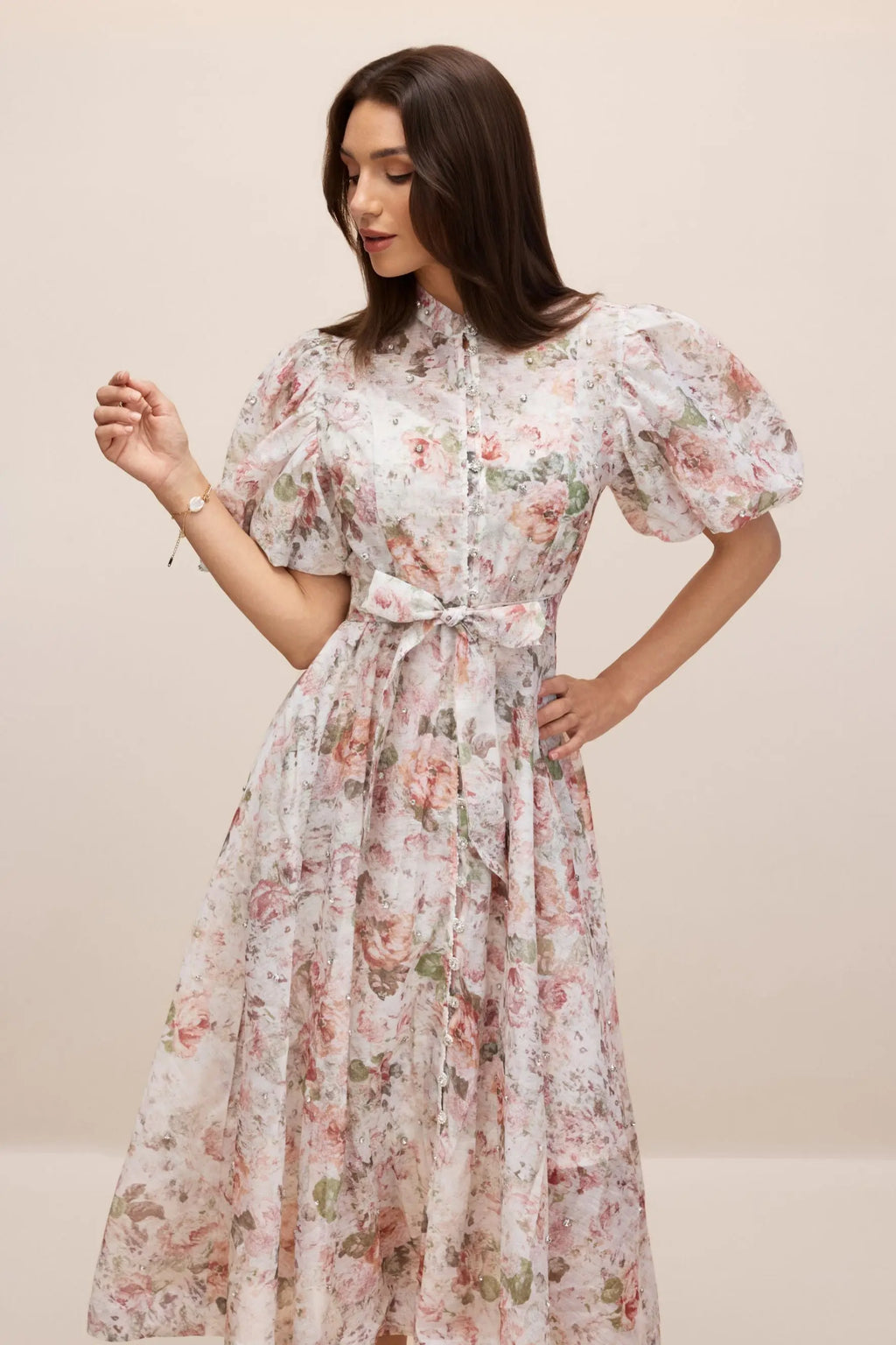 philipppa multicolor Floral Print Puff Sleeve Midi Dress Avalabel