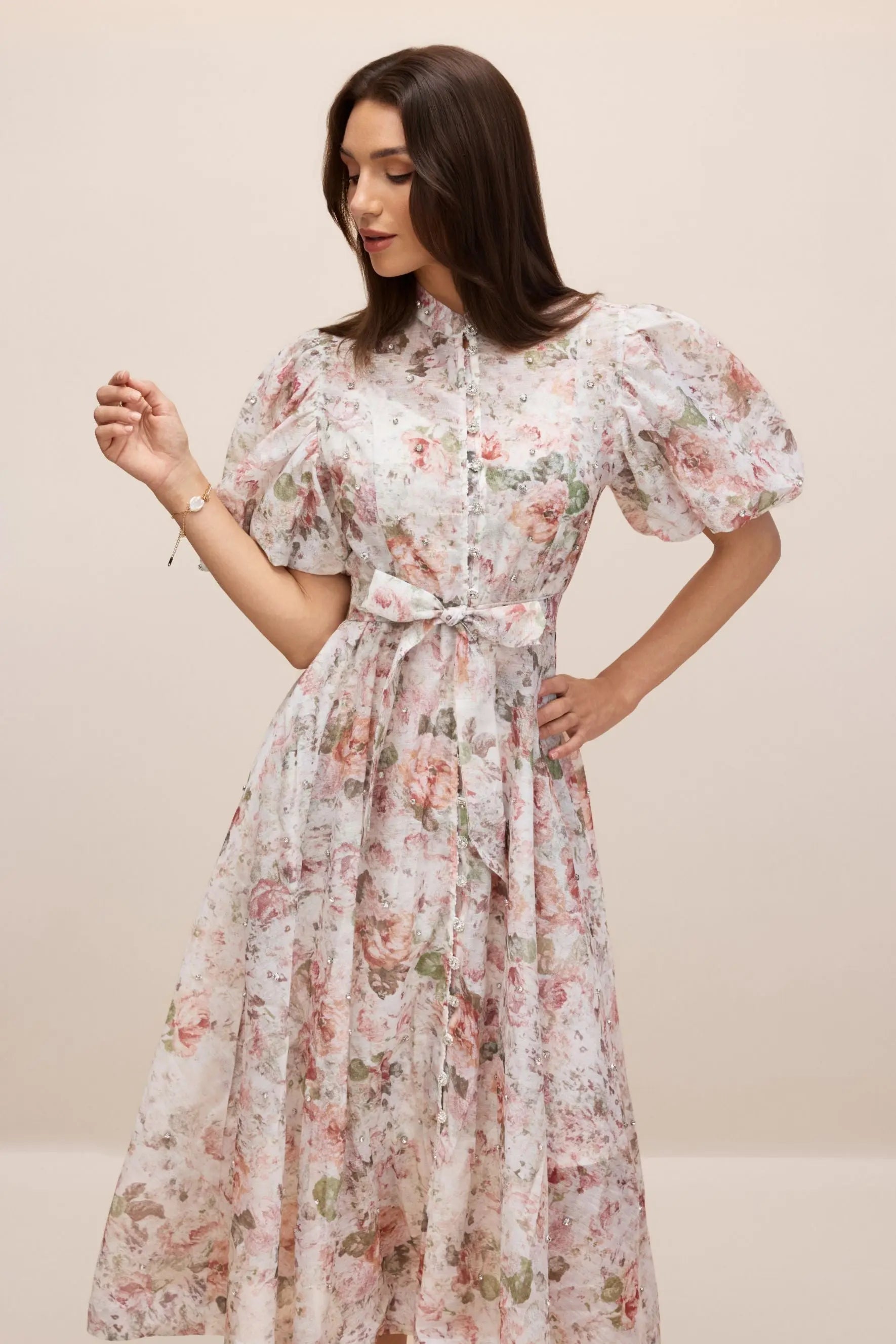 philipppa multicolor Floral Print Puff Sleeve Midi Dress Avalabel