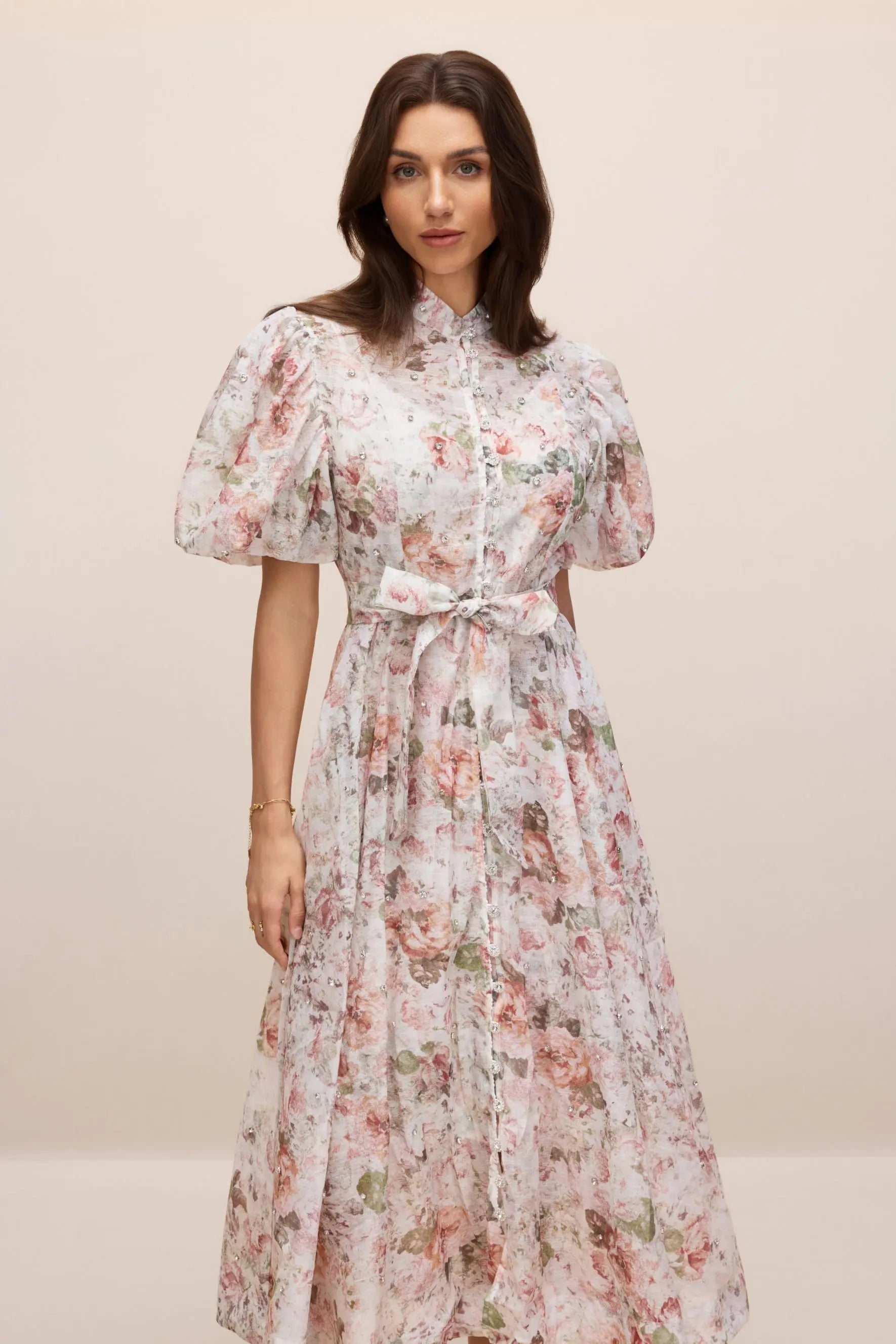 philipppa multicolor Floral Print Puff Sleeve Midi Dress Avalabel