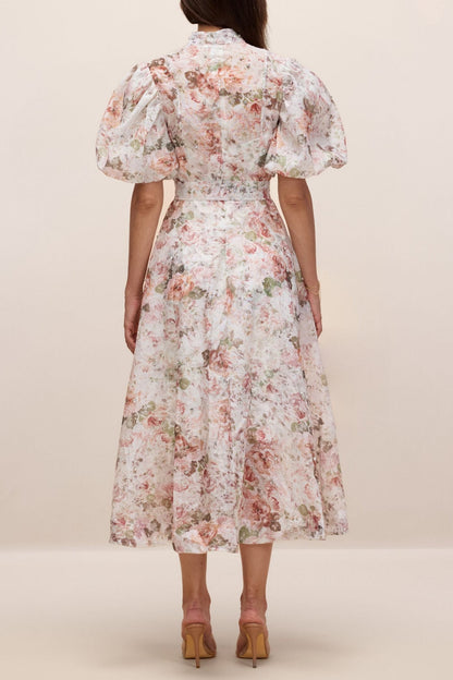 philipppa multicolor Floral Print Puff Sleeve Midi Dress