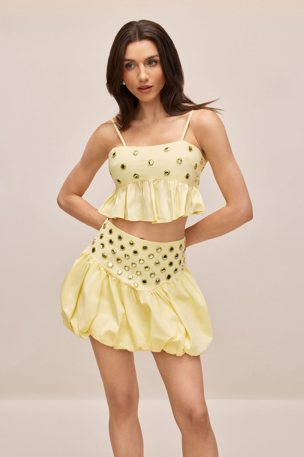 Ursula Mirror Embellished Crop Top & Bubble Skirt Set Avalabel