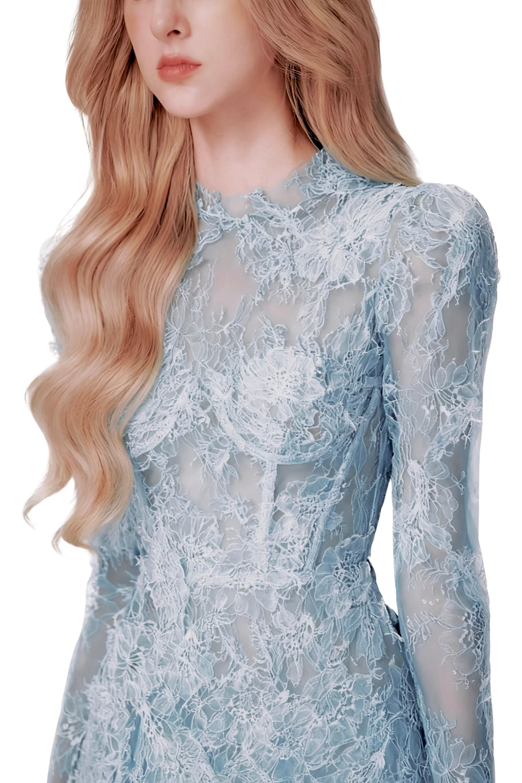 FLORAL AND RAMAGE EMBROIDERY MIDI DRESS IN BLUE Avalabel