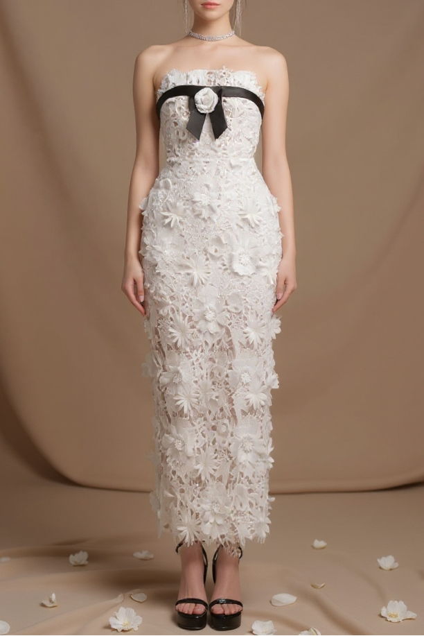 Strapless Flower Embroidery Maxi Dress In White Avalabel