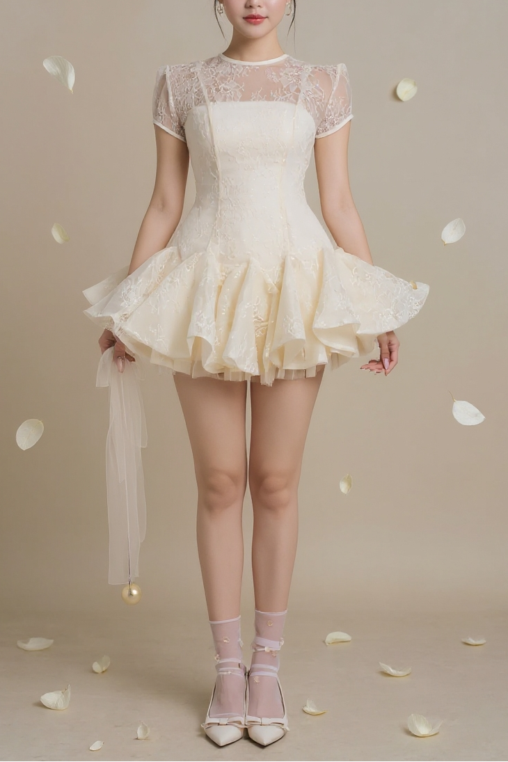 Kelly Sequin Lace Puffy Mini Dress in White Avalabel