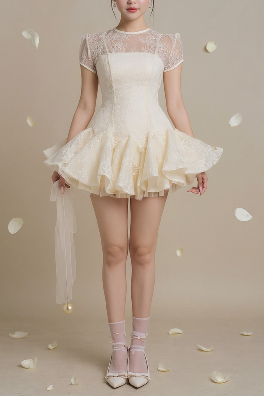 Kelly Sequin Lace Puffy Mini Dress in White