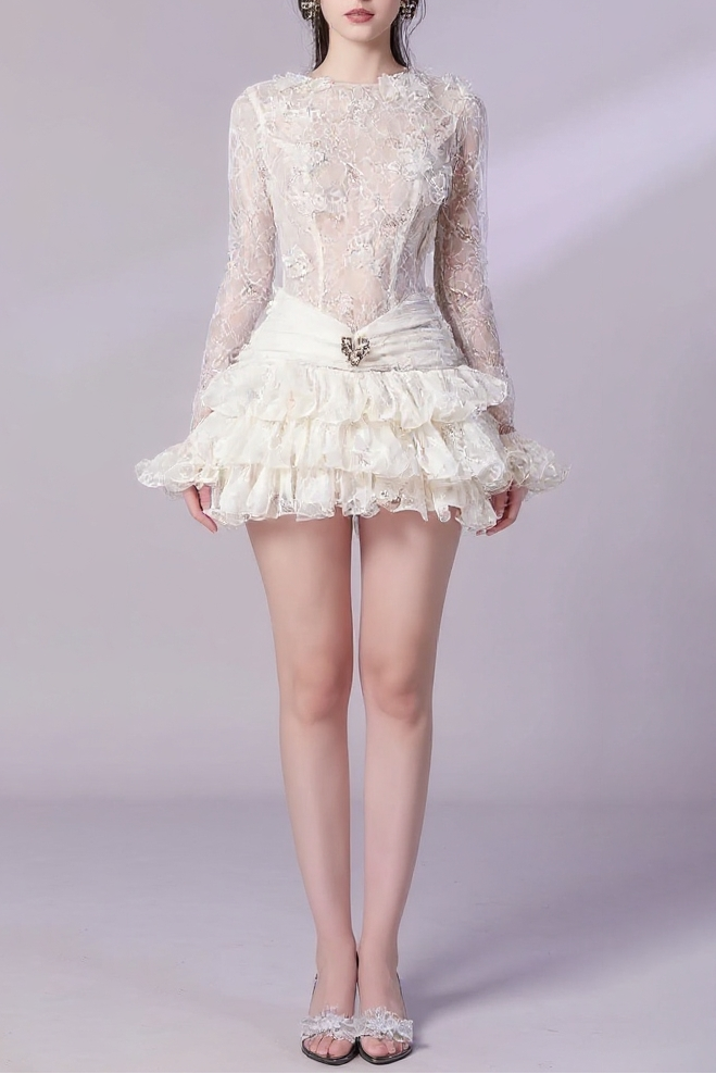 Eudora Lace Embroidery Ruched Trim Mini Dress in White Avalabel