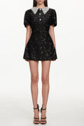 Dora Buttoned Contrast Collar Sequin Mini Dress in black Avalabel