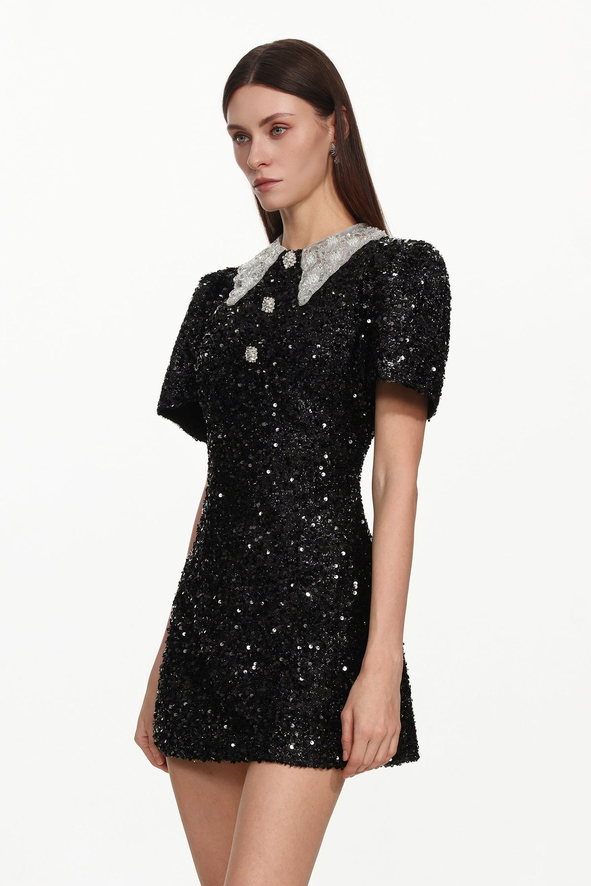 Dora Buttoned Contrast Collar Sequin Mini Dress in black Avalabel