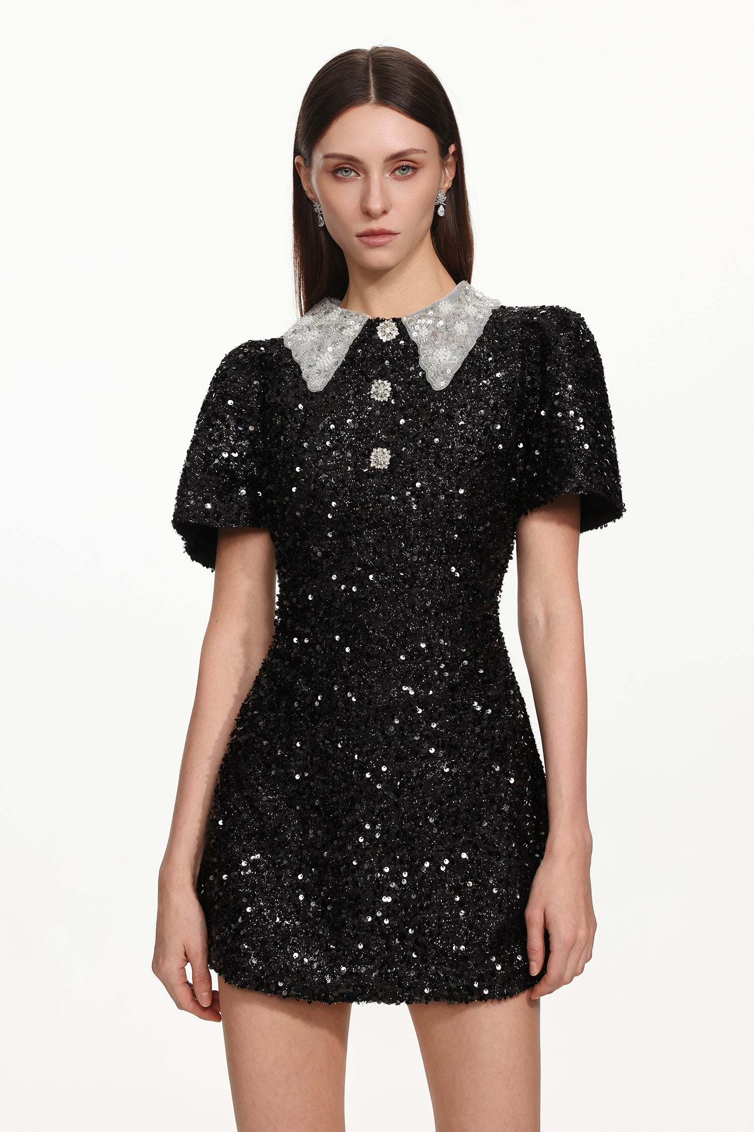 Dora Buttoned Contrast Collar Sequin Mini Dress in black Avalabel