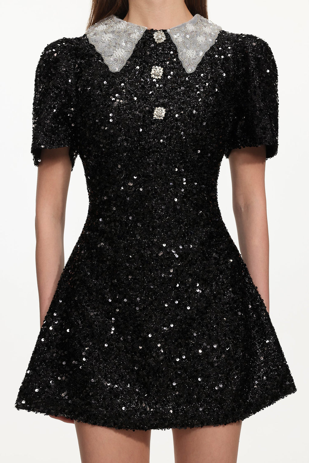 Dora Buttoned Contrast Collar Sequin Mini Dress in black Avalabel