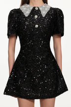 Dora Buttoned Contrast Collar Sequin Mini Dress in black Avalabel