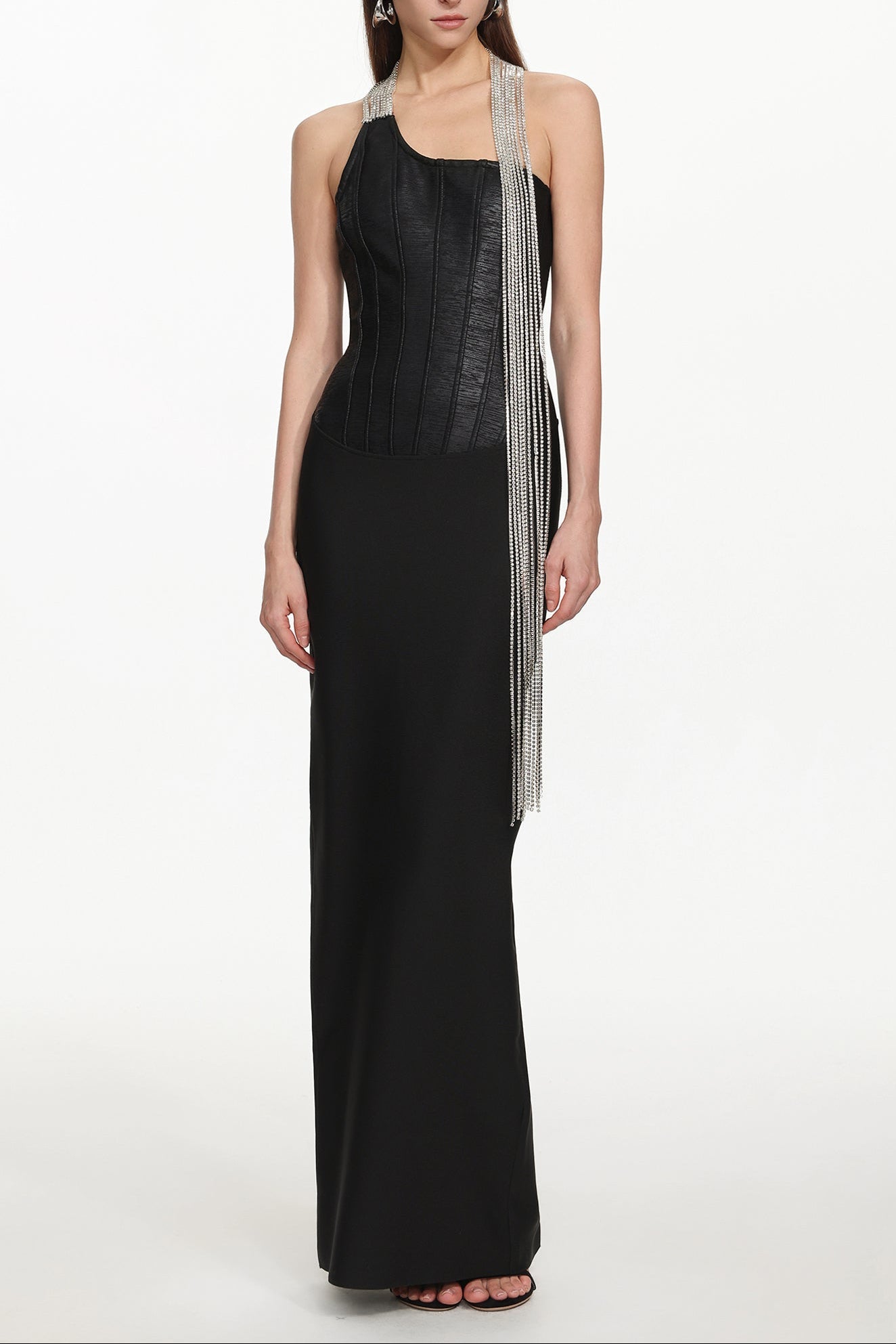 Fero One Shoulder Metal Fringe Bandage Maxi Dress Avalabel