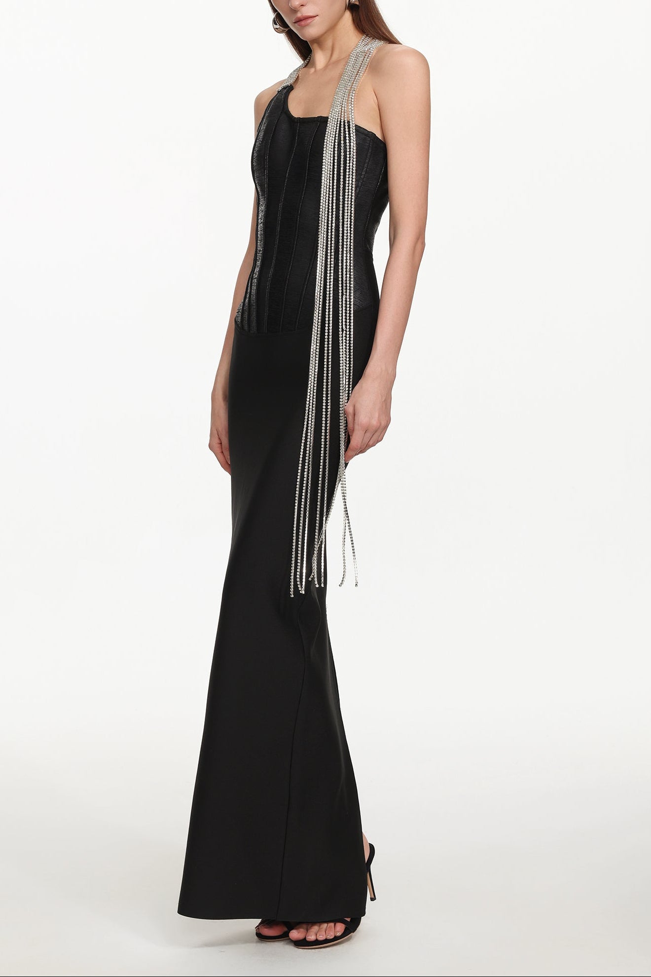 Fero One Shoulder Metal Fringe Bandage Maxi Dress Avalabel