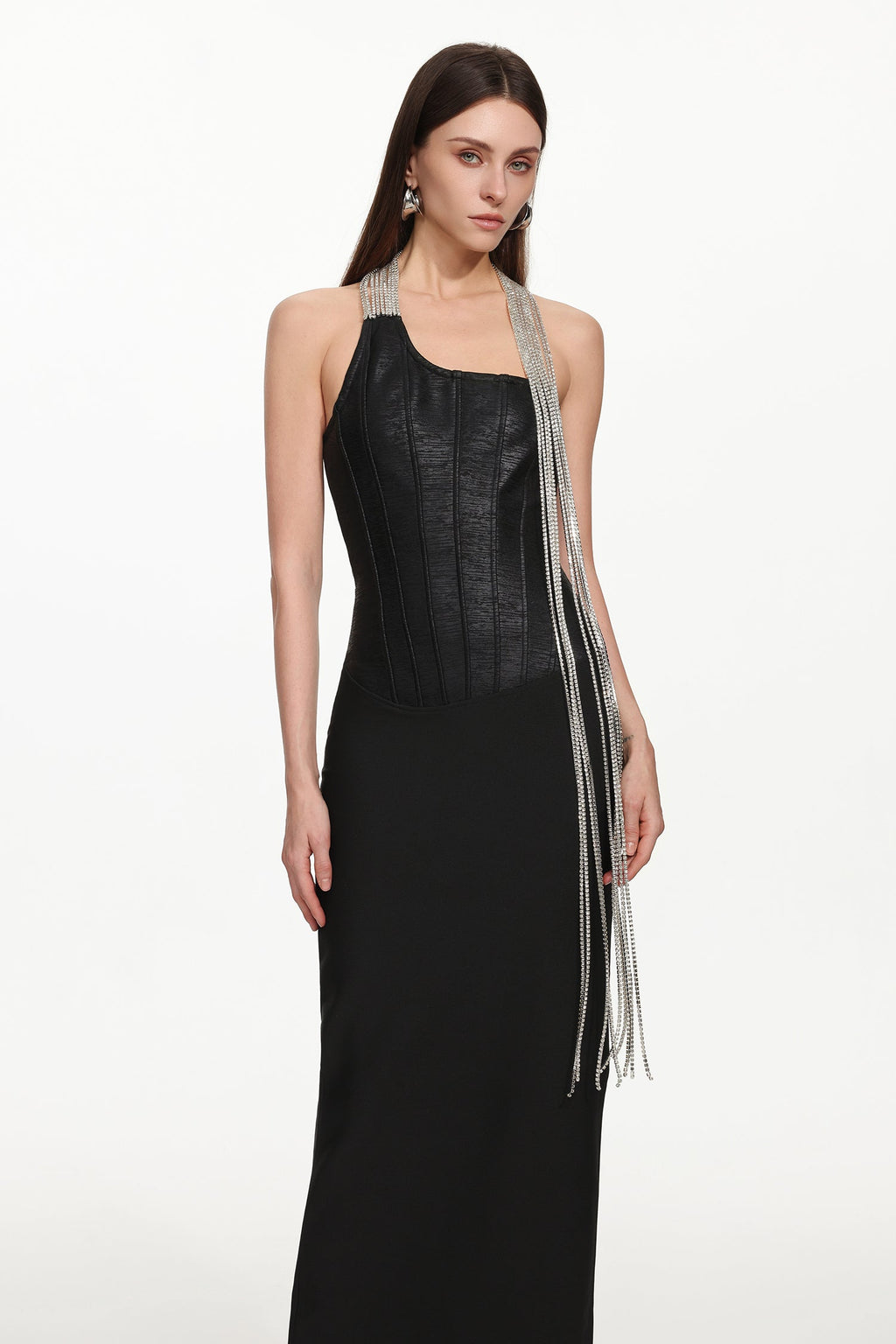 Fero One Shoulder Metal Fringe Bandage Maxi Dress Avalabel