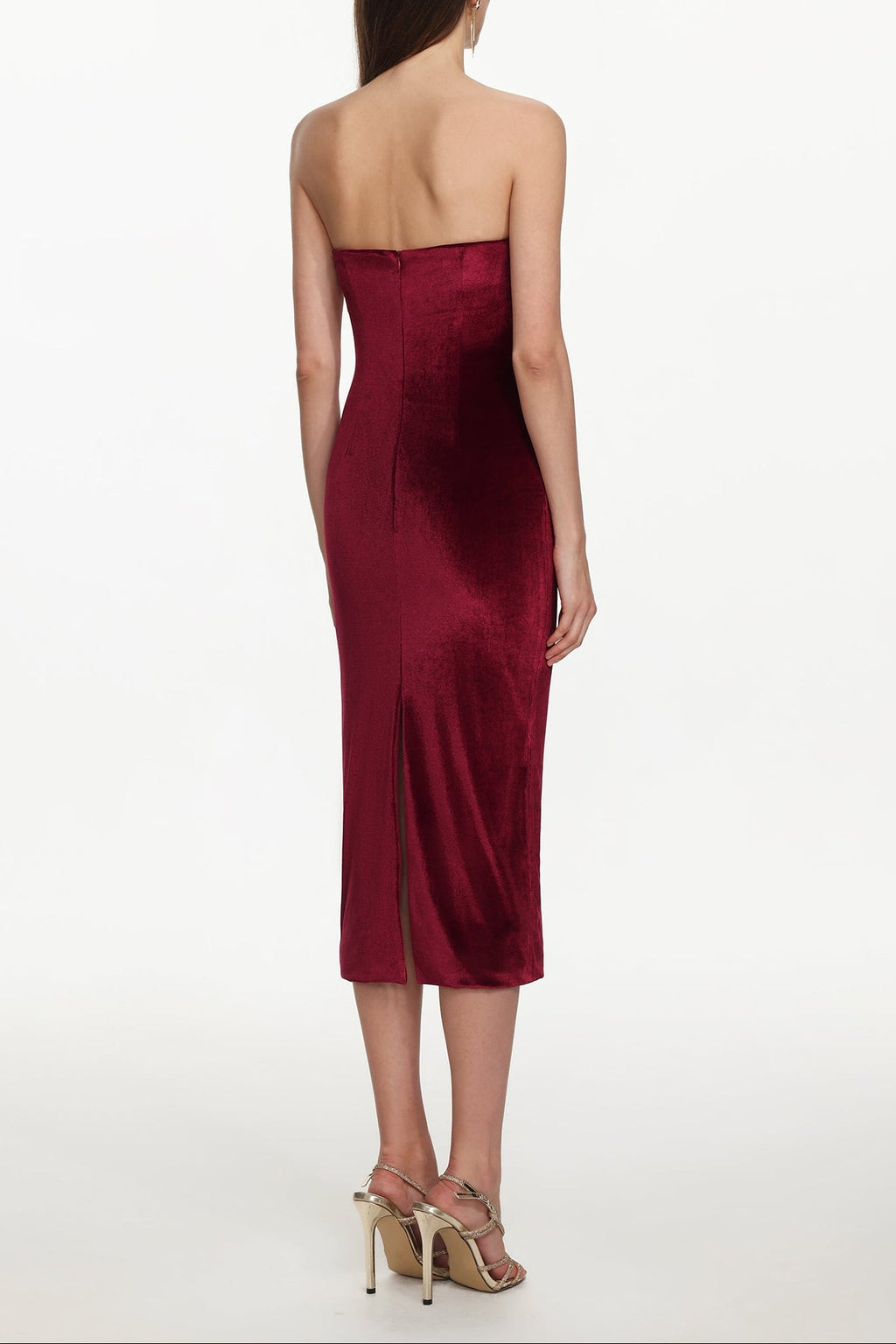 Yamia Romantic Contour Strapless Ruched Velvet Midi Dress Avalabel