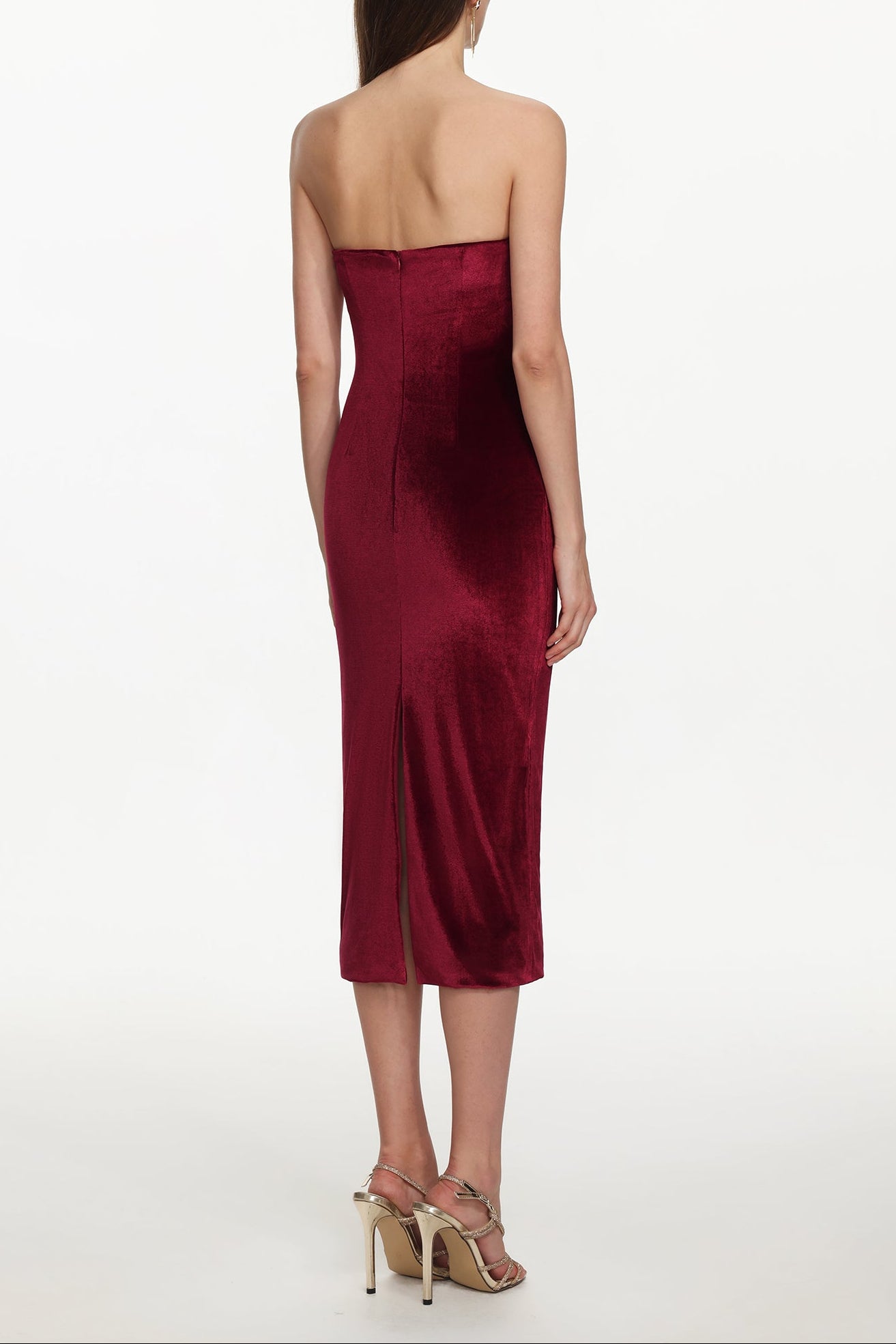 Yamia Romantic Contour Strapless Ruched Velvet Midi Dress Avalabel