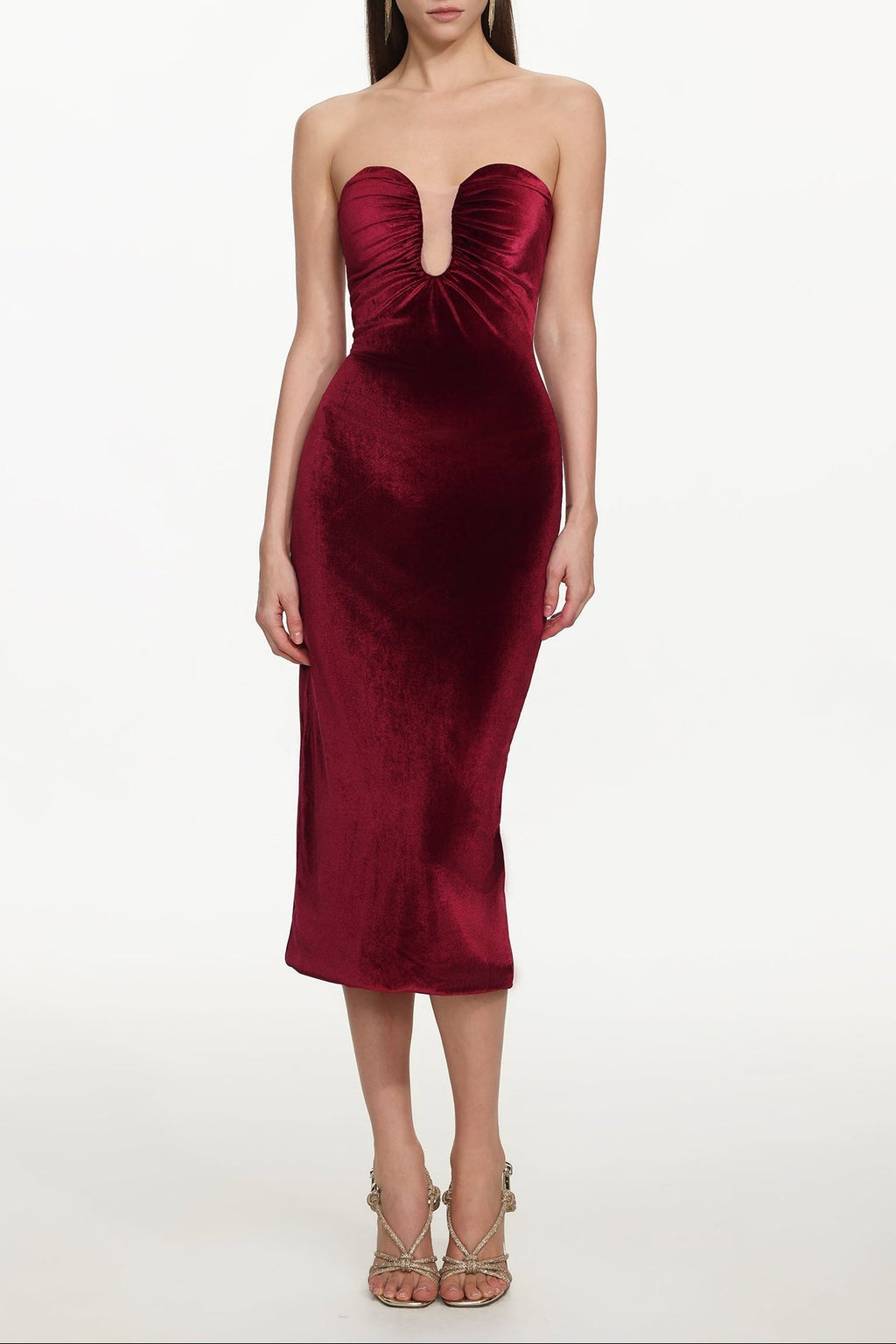 Yamia Romantic Contour Strapless Ruched Velvet Midi Dress Avalabel