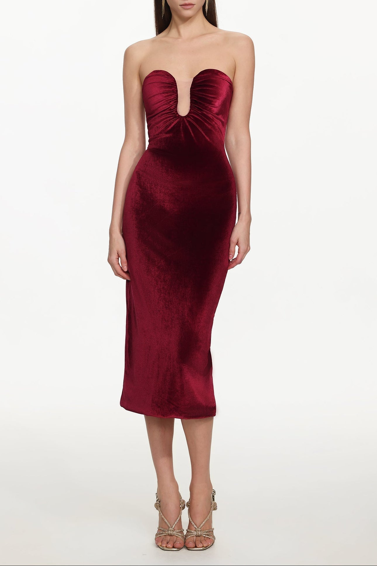 Yamia Romantic Contour Strapless Ruched Velvet Midi Dress Avalabel