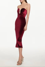 Yamia Romantic Contour Strapless Ruched Velvet Midi Dress Avalabel