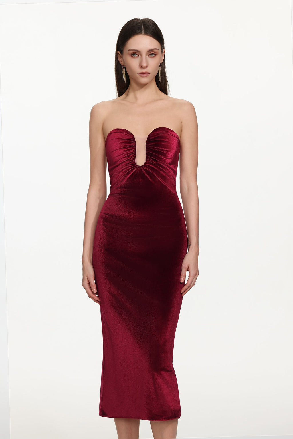 Yamia Romantic Contour Strapless Ruched Velvet Midi Dress Avalabel