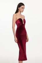 Yamia Romantic Contour Strapless Ruched Velvet Midi Dress Avalabel