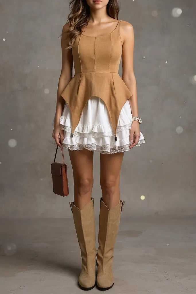 tara Square Neck Sleeveless Patchwork mini dress in brown Avalabel