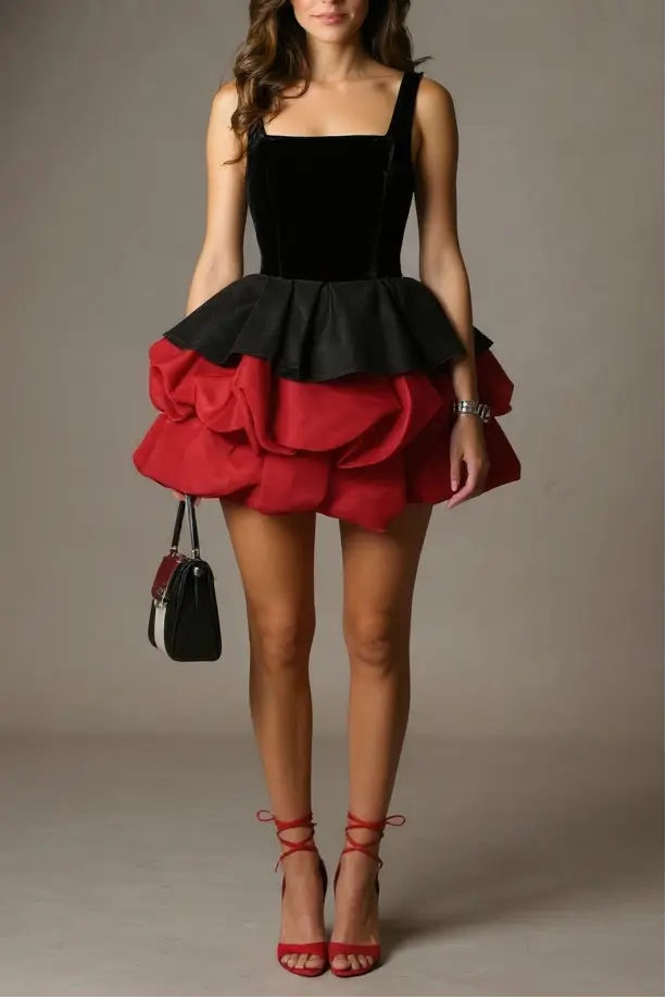 alexandra layer Wavy trim mini dress  - black/red Avalabel