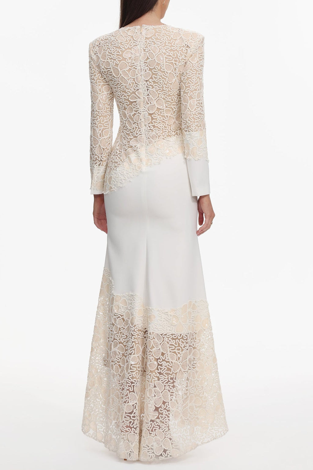 Jacqueline Beige lace Embroidered long sleeve Maxi Dress Avalabel